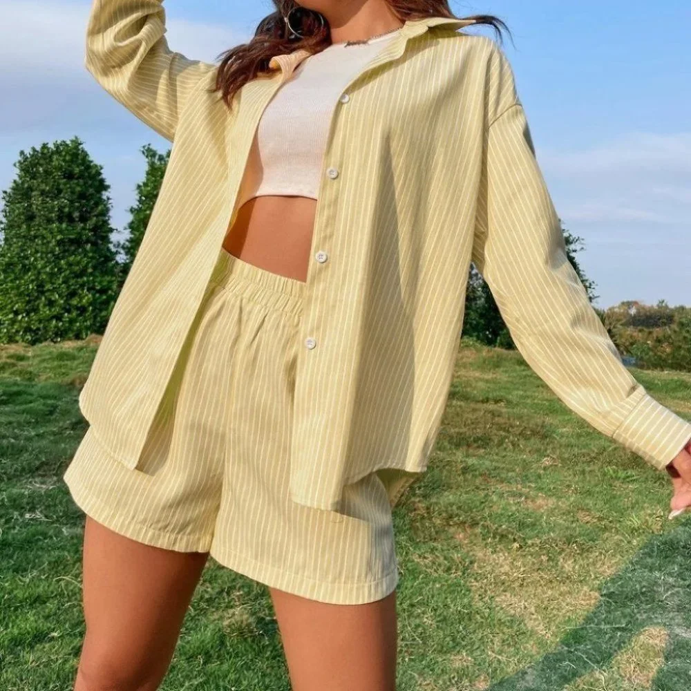 YELLOW STRIPED BLOUSE AND SHORTS SET SUMMER STREETWEAR - Picture 7 of 7